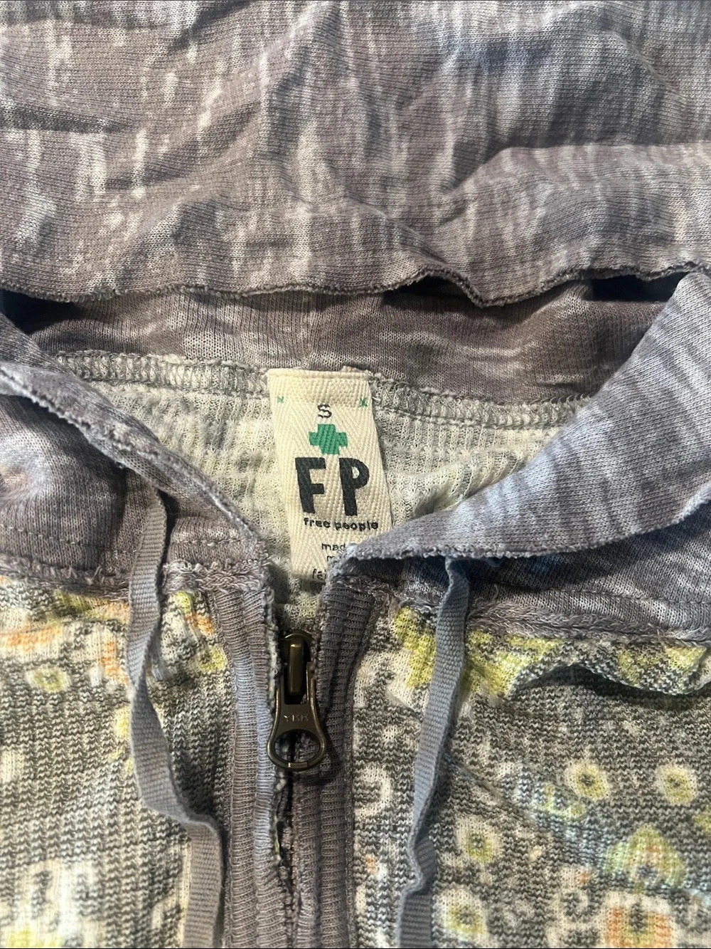 Free People Gray Floral Zip Hoodie Jacket with Yellow Accents